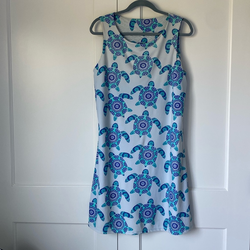 All For Color beach swim cover-up  dress L  blue turtle print quick drying, wash